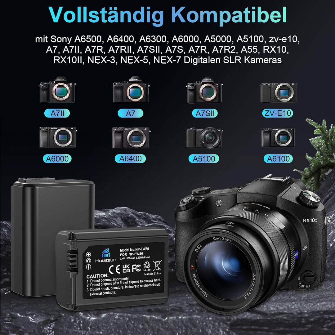 Homesuit NP-FW50 Akku und USB Dual Ladegerät Kit für Sony ZV-E10, A6000-Akkus, A6500, A6300, A7II, A