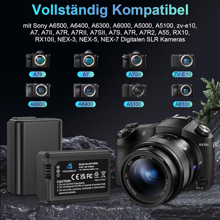 Homesuit NP-FW50 Akku und USB Dual Ladegerät Kit für Sony ZV-E10, A6000-Akkus, A6500, A6300, A7II, A