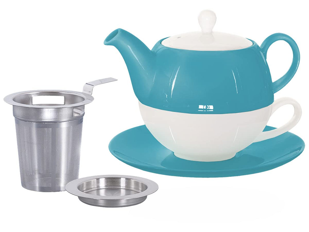 Tea for One mit Sieb Lena 500ml aus Crystal Bone China Porzellan in türkis. Teekanne + Teetasse + Un