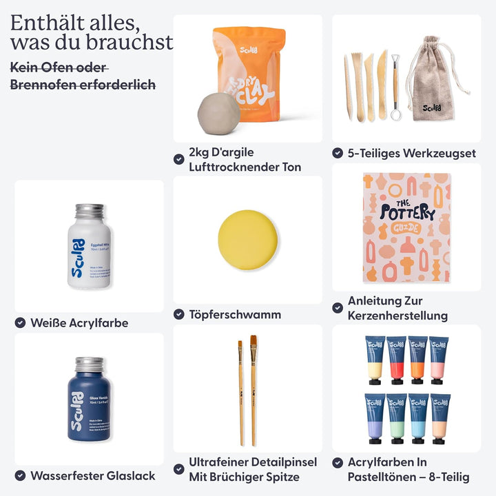 Sculpd Pottery Starter Kit – Komplettes Anfängerset aus luftgetrocknetem Ton + Malen für 2 Erwachsen