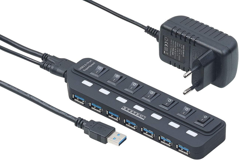 Xystec USB Leiste: Aktiver USB-3.0-Hub mit 7 Ports, einzeln schaltbar, 2-A-Netzteil (USB 3 0 Verteil