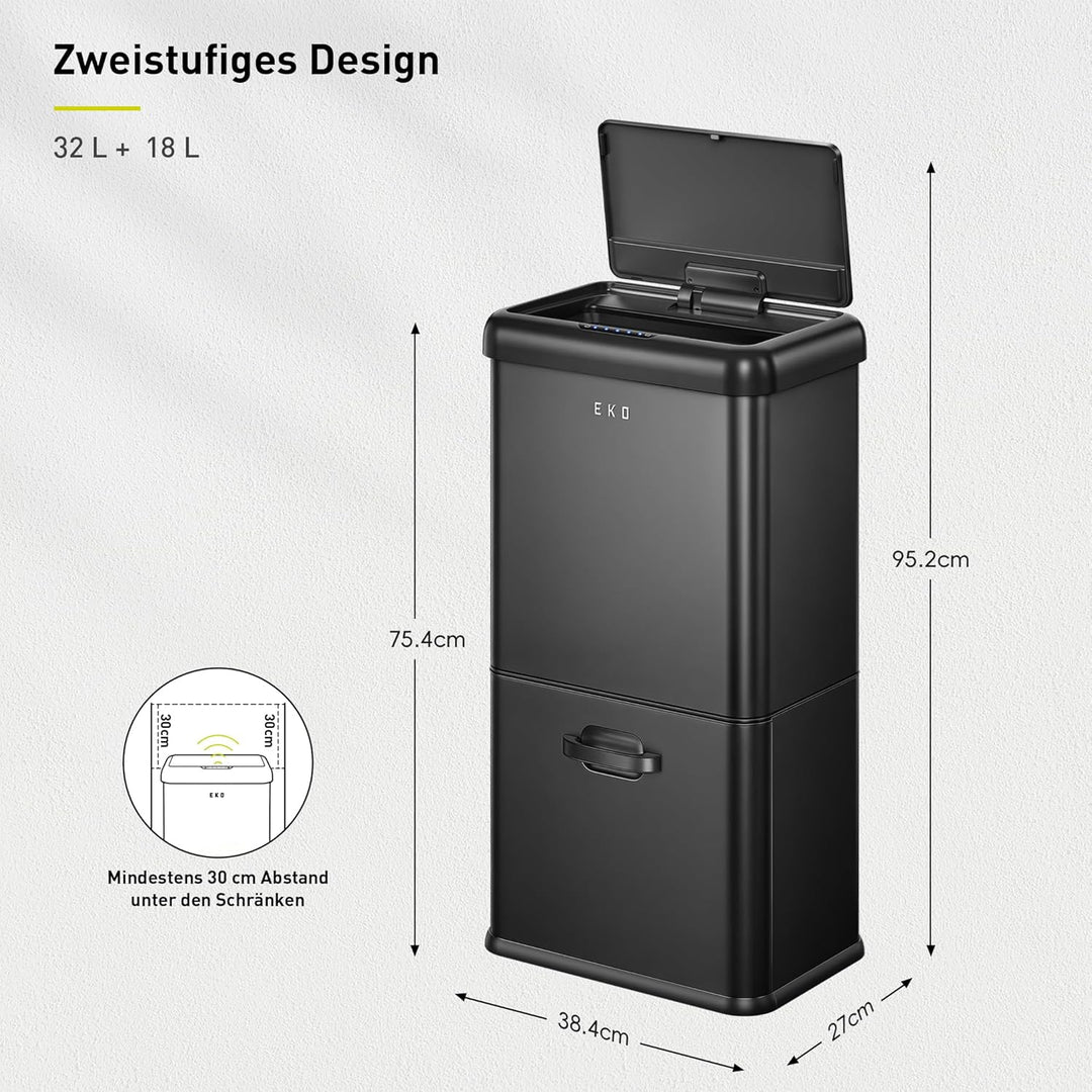 EKO Vintage 50L Mülleimer Sensor, Mülleimer 2 Fächer 32L + 18L, Edelstahl Küchenabfalleimer, Berühru