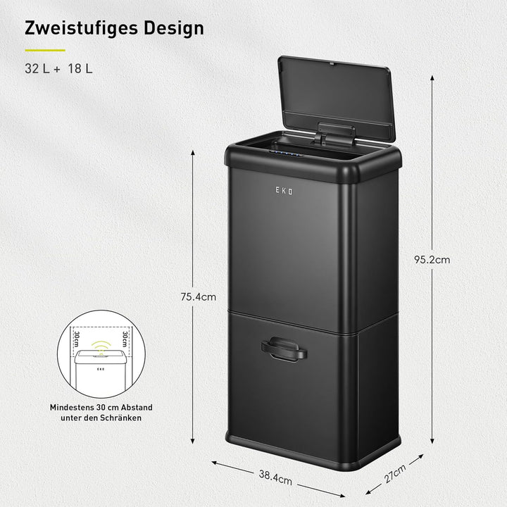 EKO Vintage 50L Mülleimer Sensor, Mülleimer 2 Fächer 32L + 18L, Edelstahl Küchenabfalleimer, Berühru