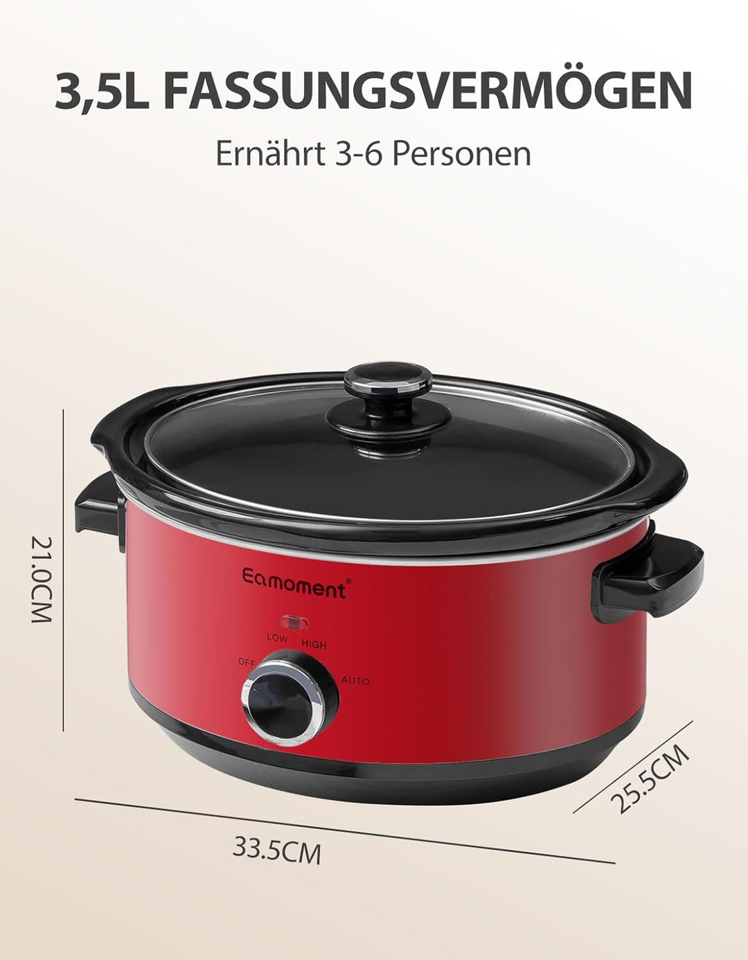 Slow Cooker, 3,5 Liter Edelstahl Schongarer mit Keramiktopf, Einstellbare Temperatur, Spülmaschinenf