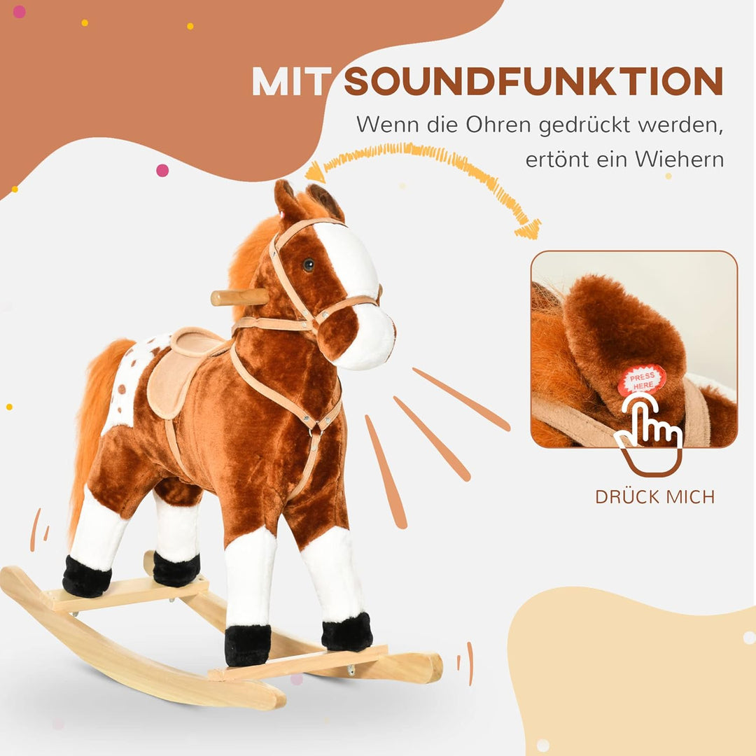 HOMCOM Kinder Schaukelpferd Schaukeltier Schaukelspielzeug Wiehern Braun 74x28x65cm, Braun