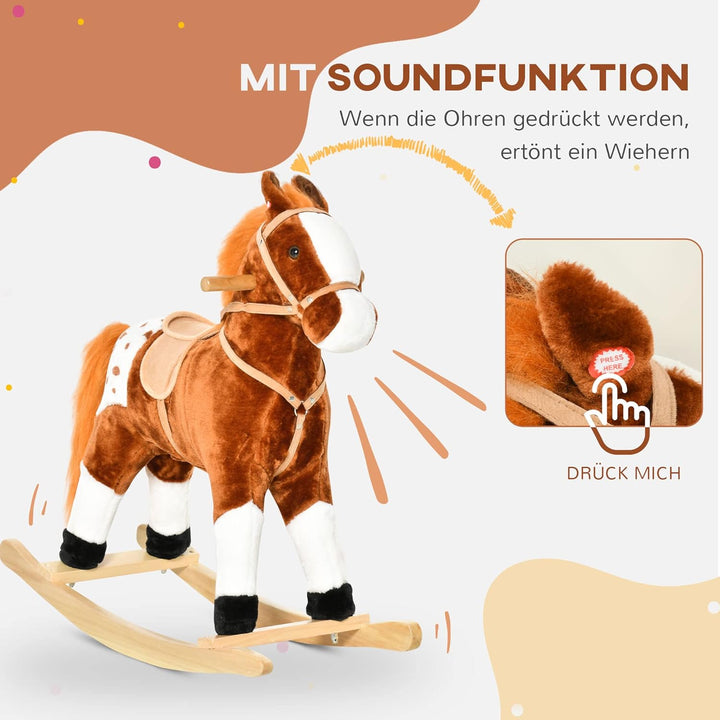 HOMCOM Kinder Schaukelpferd Schaukeltier Schaukelspielzeug Wiehern Braun 74x28x65cm, Braun