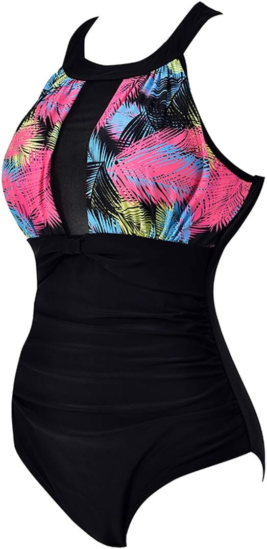 VILOREE Damen Schlankheits Badeanzug Raffung Einteiler High Neck Bademode Strandmode M Blumen #3, M
