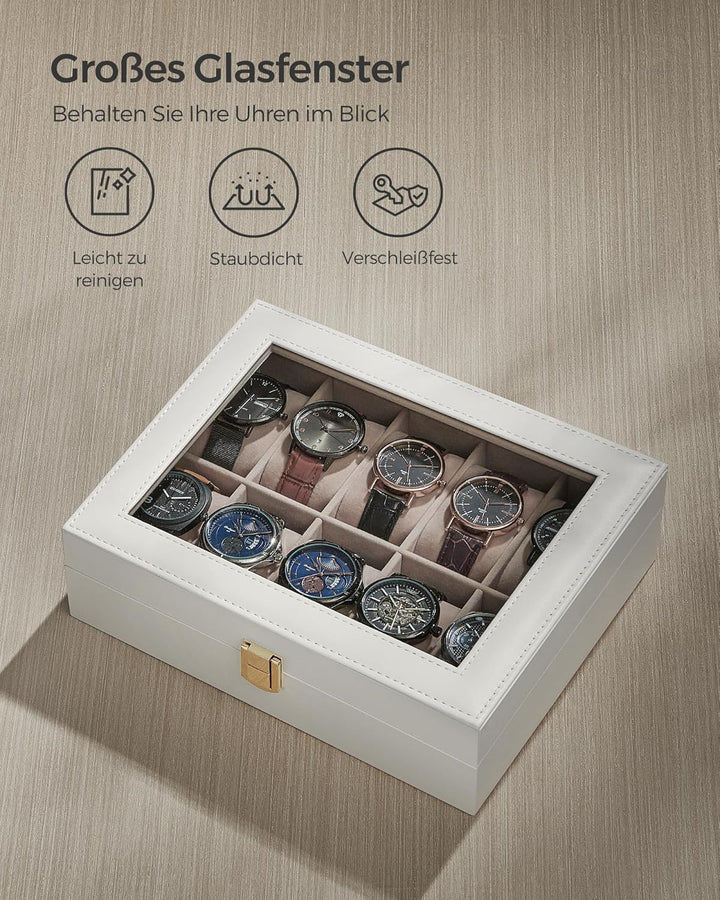 SONGMICS Uhrenbox mit 10 Fächern, Uhrenkasten, Glasdeckel, Uhrenkoffer, herausnehmbare Uhrenkissen,