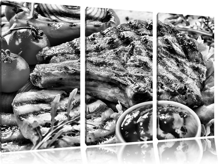 Pixxprint Gegrilltes Steak als Leinwandbild/Grösse: 3 Teilig (120x80) / Wandbild/Kunstdruck/fertig b