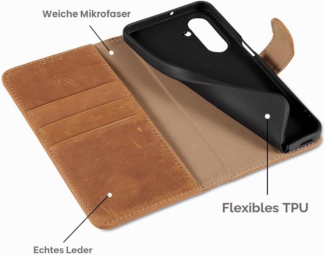 LENSUN Lederhülle für Samsung Galaxy A17 5G, Echtleder Hülle [Kartenfach][RFID Schutz][Echtes Leder]