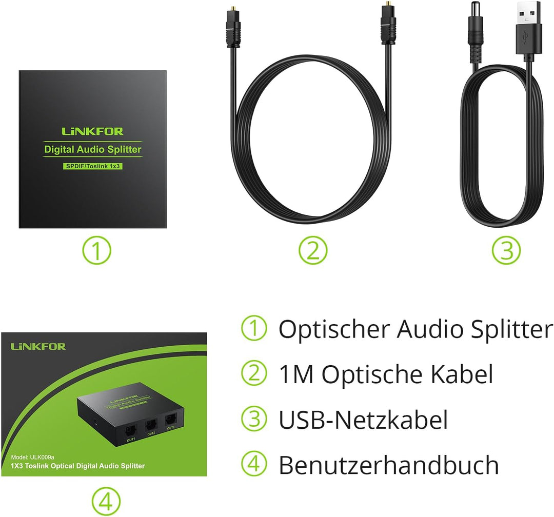LiNKFOR Optischer Splitter, SPDIF Toslink Splitter, 1x3 Digital Audio Verteiler, 1 optisches Kabel,