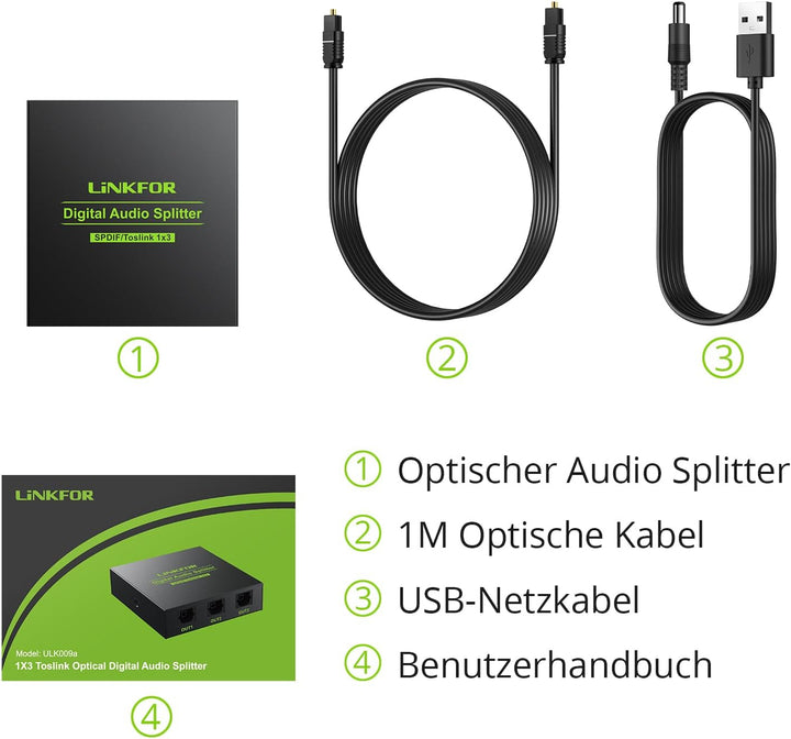 LiNKFOR Optischer Splitter, SPDIF Toslink Splitter, 1x3 Digital Audio Verteiler, 1 optisches Kabel,