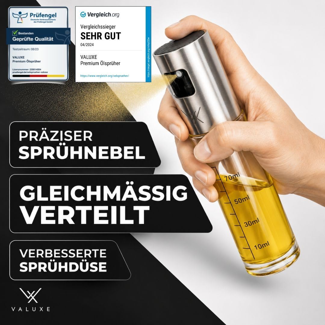 VALUXE® Ölsprüher - Das ORIGINAL - Extrem präzise Öl-Sprühflasche aus Edelstahl und Glas - Multifunk