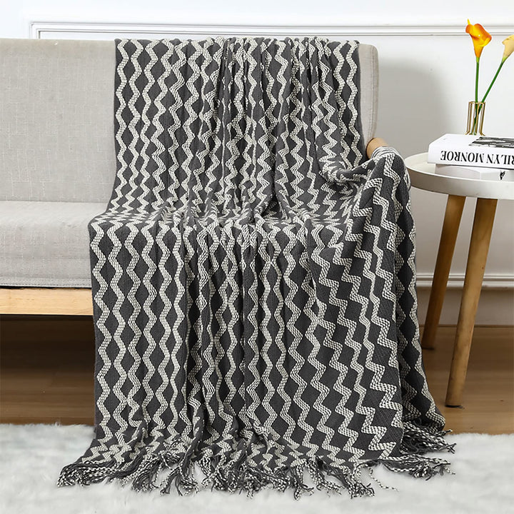 LumiSyne Gestrickte Decke Mit Quaste Zweifarbig Diamantn Streifen Muster Leicht Weich Wohndecke Sofa