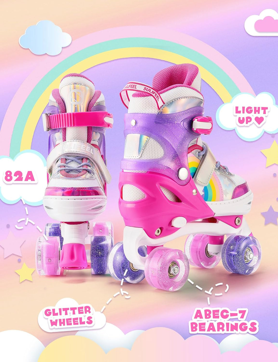 SULIFEEL Rainbow Unicorn Verstellbare Rollschuhe für Kinder mit Leuchtenden Rädern für Mädchen und J