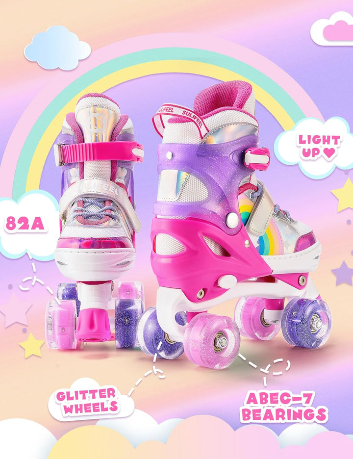 SULIFEEL Rainbow Unicorn Verstellbare Rollschuhe für Kinder mit Leuchtenden Rädern für Mädchen und J