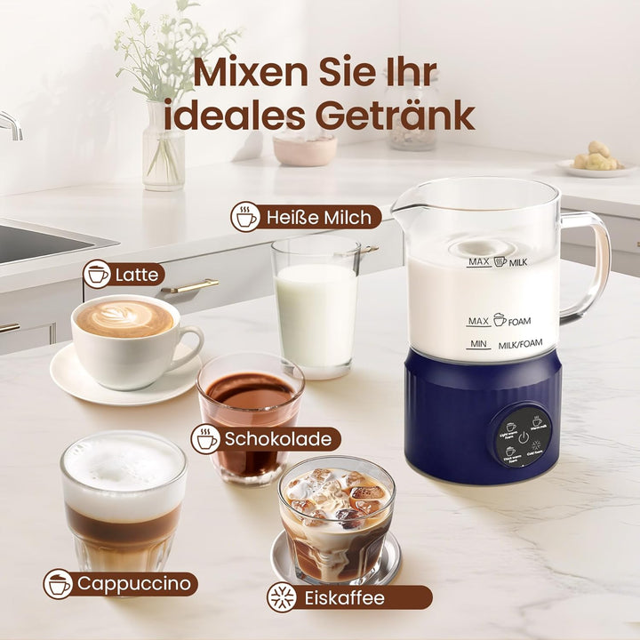 Milchaufschäumer Elektrisch 4 in 1, Automatischer Milchwärmer Milchschäumer für heiss und kalt, Glas