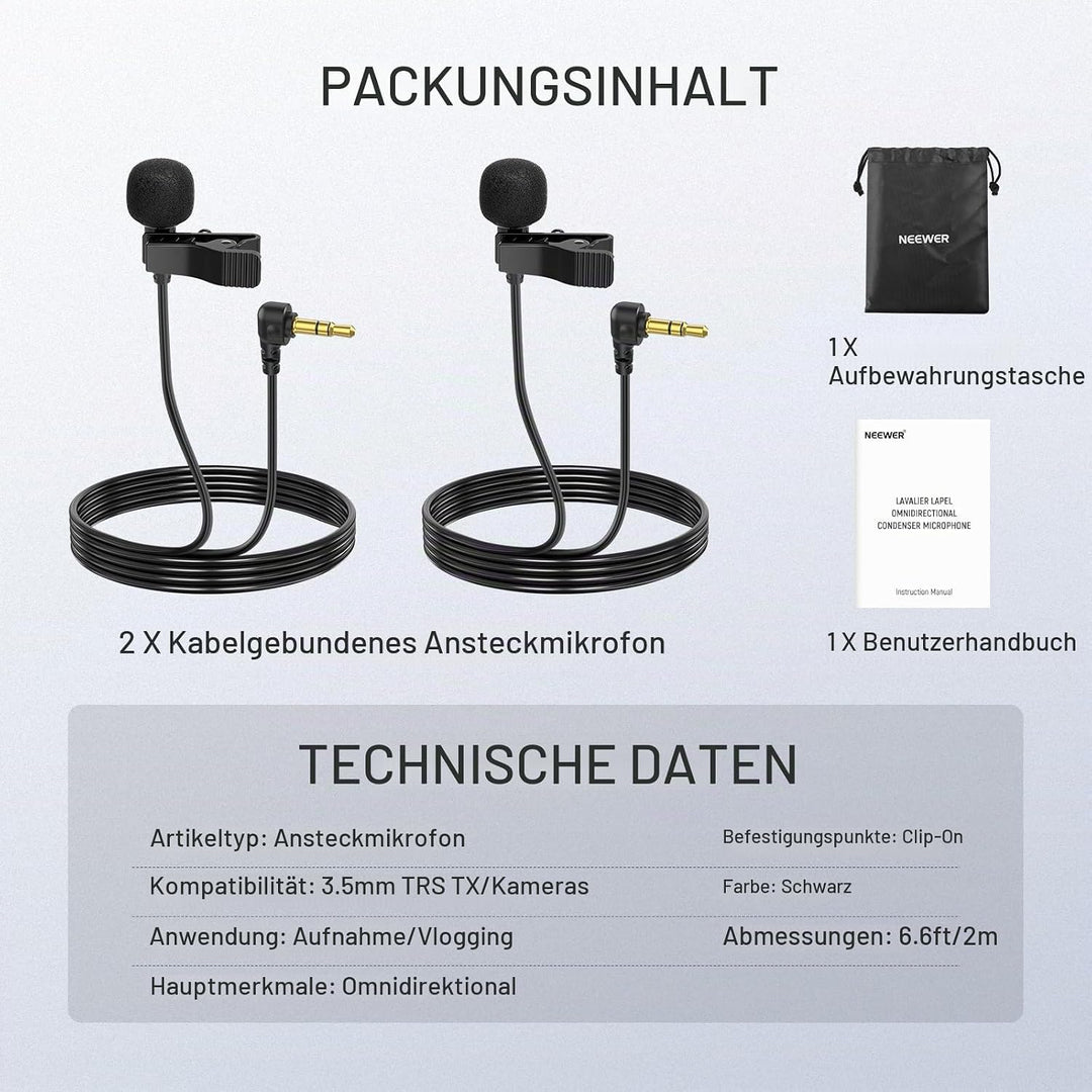 NEEWER Mini Lavalier Mic, 2er Pack, 2m Clip On kabelgebundenes Kondensator Ansteckmikrofon mit 3,5mm