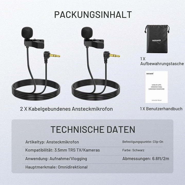 NEEWER Mini Lavalier Mic, 2er Pack, 2m Clip On kabelgebundenes Kondensator Ansteckmikrofon mit 3,5mm