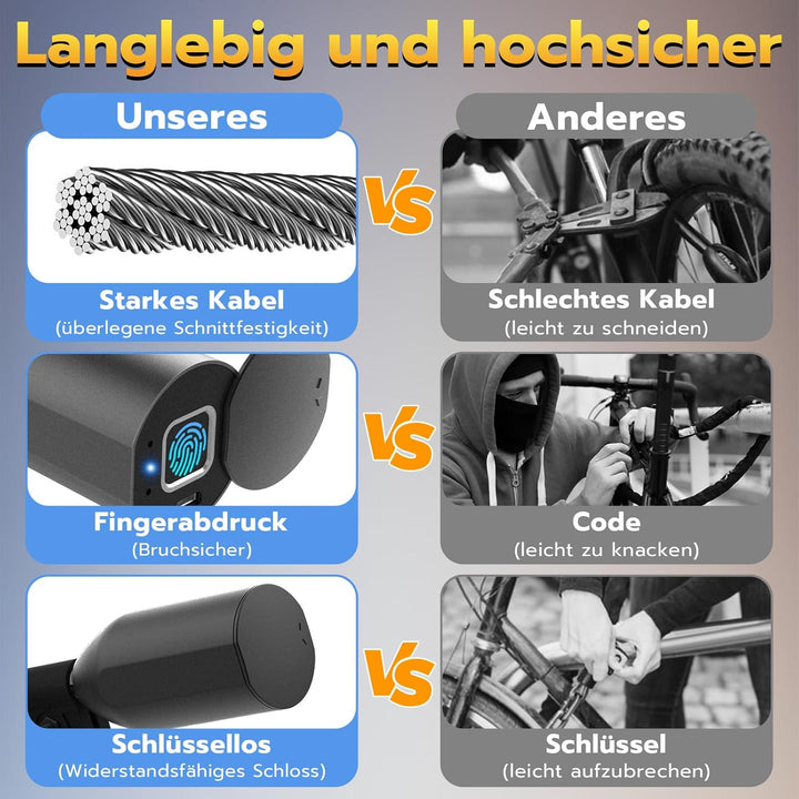Anweller Fahrradschloss Fingerabdruck,1.5m Kabelschloss wasserdicht tragbar mit Fahrradschlosshalter