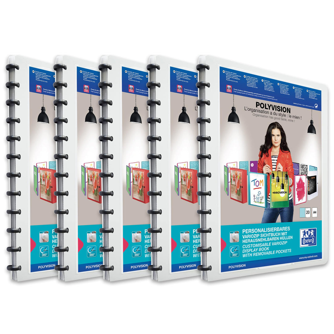 Oxford polyvision Ringmappe A4, mit vario-zipp, 20 Hüllen, weiss, 5er Pack weiss Single, weiss Singl