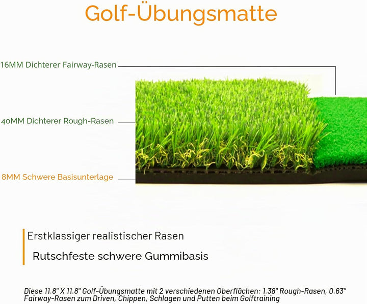 Faltbare Golfschlägermatte mit 2 Rasen, 60 x 40 cm, mit T-Stück für drinnen und draussen