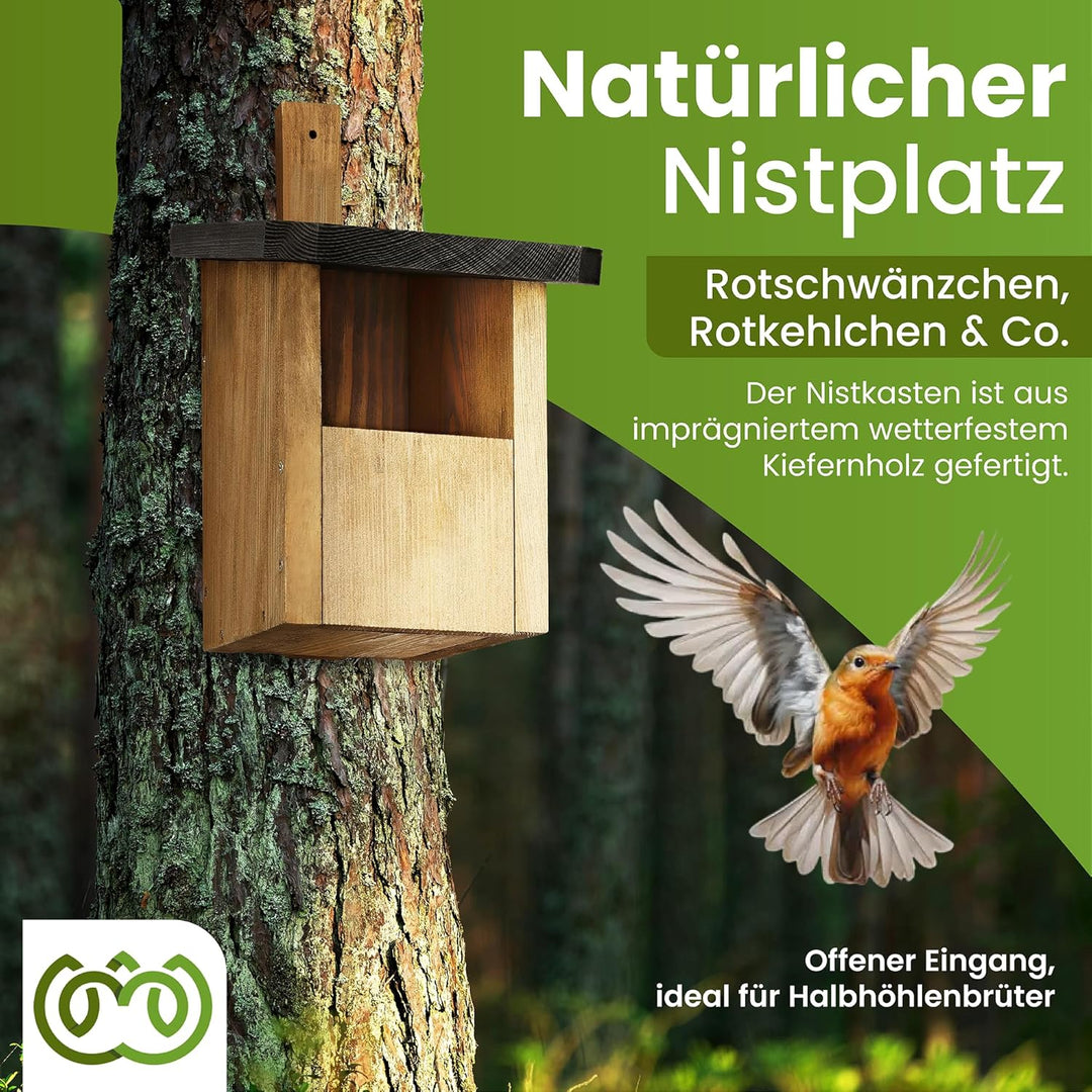 Halbhöhle Nistkasten für Rotkehlchen &amp; Co. | Wetterfest &amp; Massives Holz | Vogelhaus für Nischenbrüte