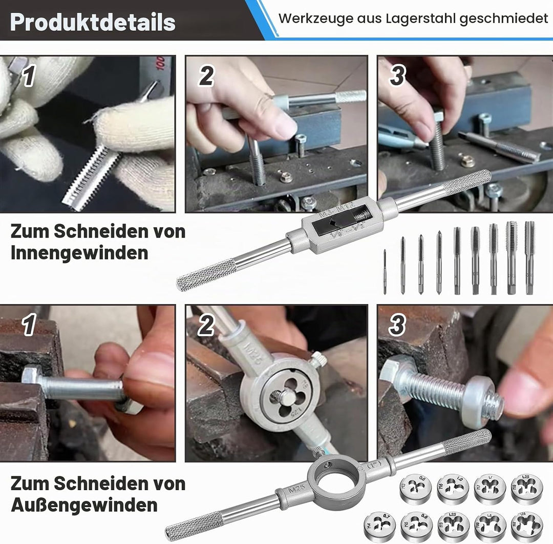 HSEAMALL Gewindeschneidsatz, 20-teilig, M3-M12 Gewindebohrer und Schneideisen 20 pcs Silver, 20 pcs