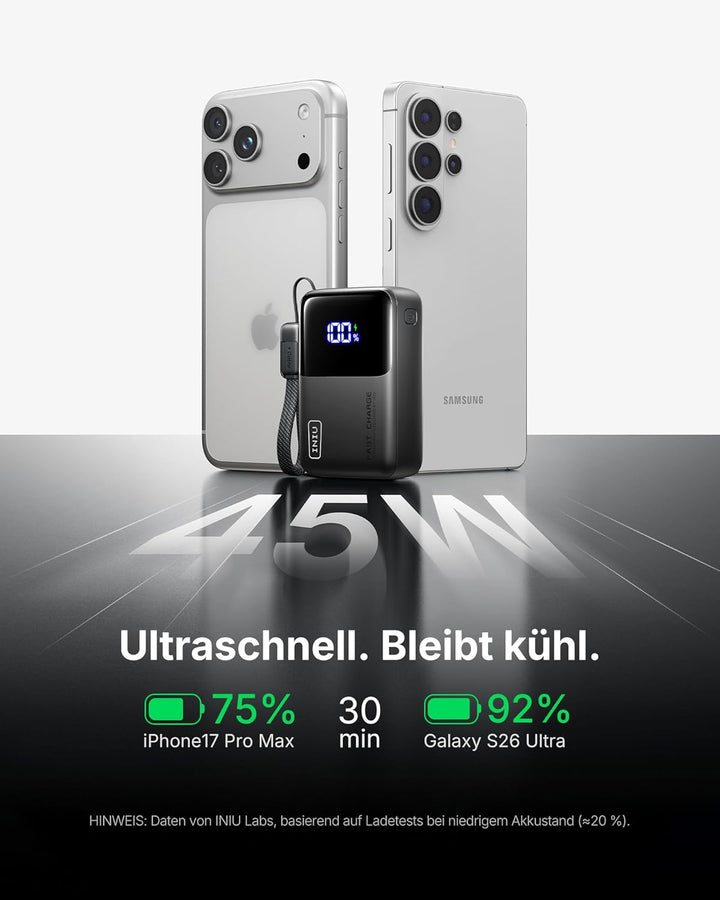 INIU Mini Power Bank, 45W 10000mAh Powerbank Klein Aber Stark (USB C In & Out), Schnellladefunktion