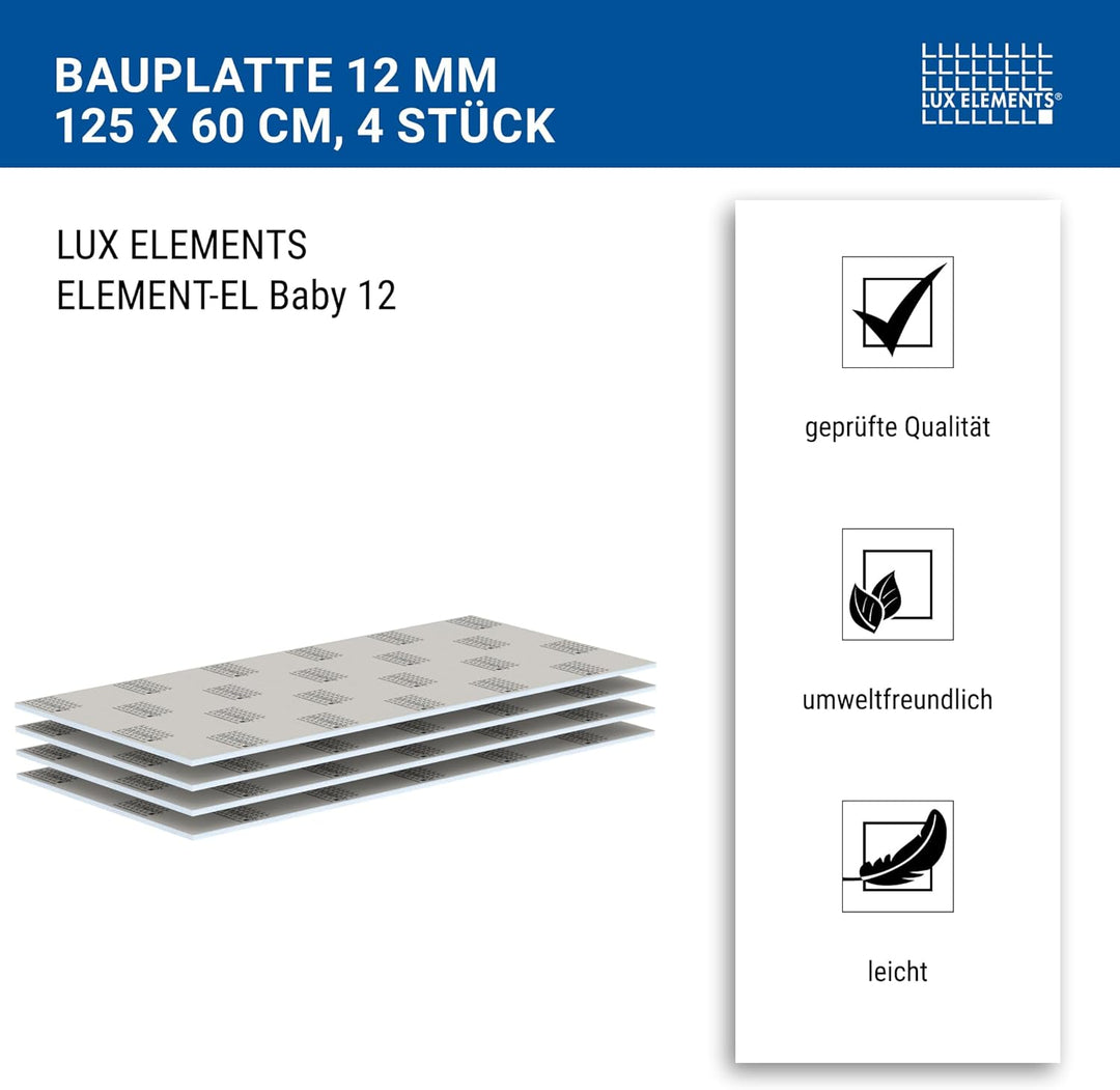 LUX ELEMENTS Bauplatte Fertig zum Verfliesen, 125 x 60 cm, 4 Stück (3 qm) LELEE4135, Grau, 12 mm Bau