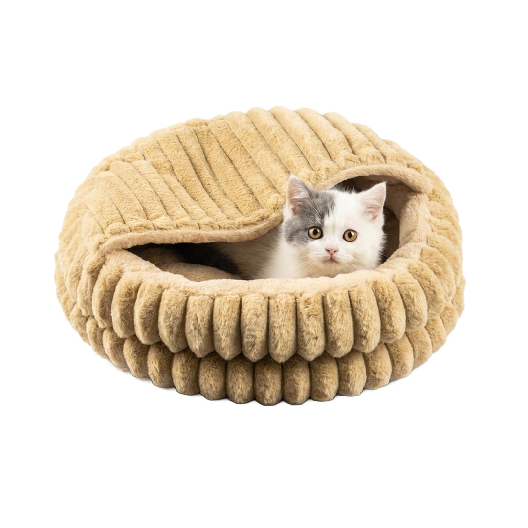Katzenbett mit Deckel, Waschbare Katzenhöhle mit Kissen, Weiches Katzenhaus 50x50x15 cm (Braun), Bra