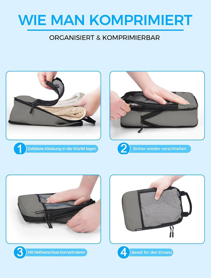 BAGLHER Packwürfel Kompression für die Reise - Extrem platzsparender Koffer-Organizer-Set, wasserdic