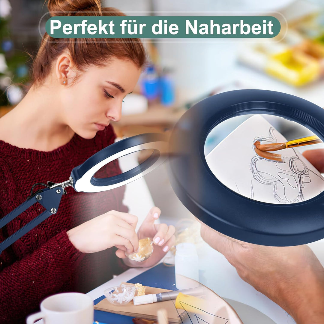 Veemagni 10X Echtes Glas Lupe mit Licht, 5 Farbmodi Stufenlos Dimmbar, Verstellbarer Schwenkarm LED