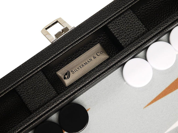 Backgammon-Set, 33 cm, Reisegrösse, schwarzes Brett, weisse und Rum-Punkte