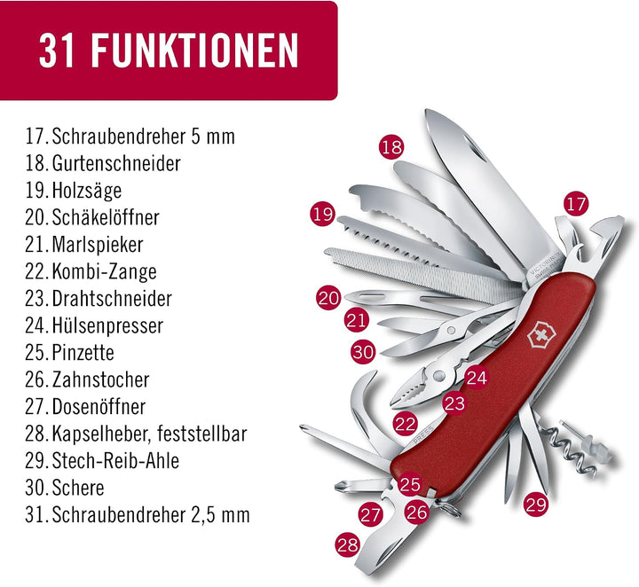 Victorinox, Schweizer Taschenmesser, Work Champ XL, Multitool, 31 Funktionen, Klinge, gross, Korkenz