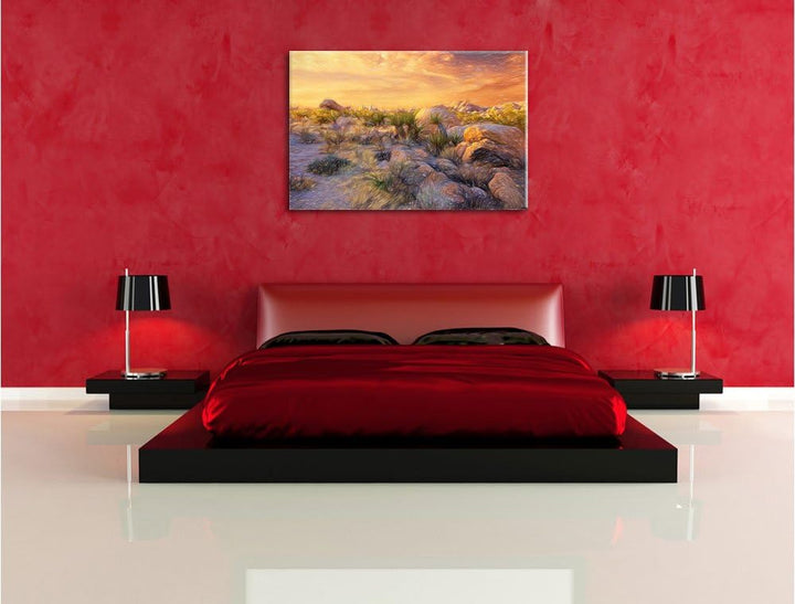 Pixxprint Joshua Wüste im Sonnenuntergang Kunst Buntstift Effekt, Format: 100x70 auf Leinwand, XXL r