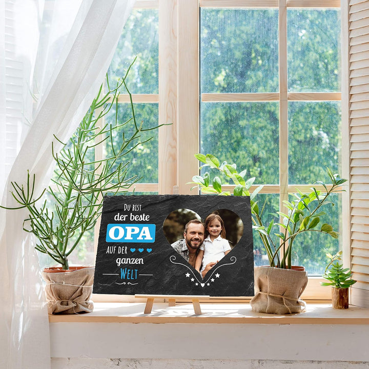 wandmotiv24 Schiefertafel Bester Opa mit Holz-Staffelei, Personalisiert mit Farb-Foto im Herz, Digit