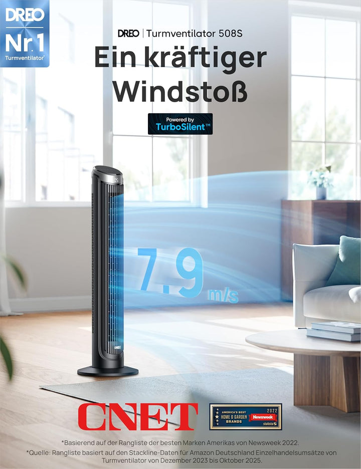 DREO Smart Turmventilator Sehr Leise, 90° Oszillierend Standventilator für Schlafzimmer, 7.9 m/s Win