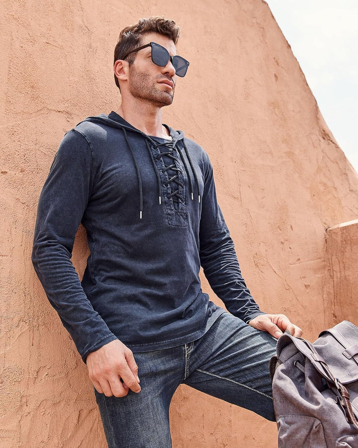 Herren Vintage Hoodie Langarm Shirt Männer Lace Up Hooded Langarmhemd Distressed Casual Outdoor Takt