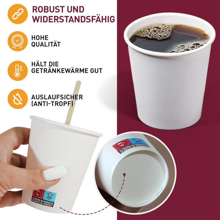100 Weisse Einwegbecher aus Pappe, 240 ml / 8 oz, für Kaffee mit Holzrührstäbchen, robust, auslaufsi