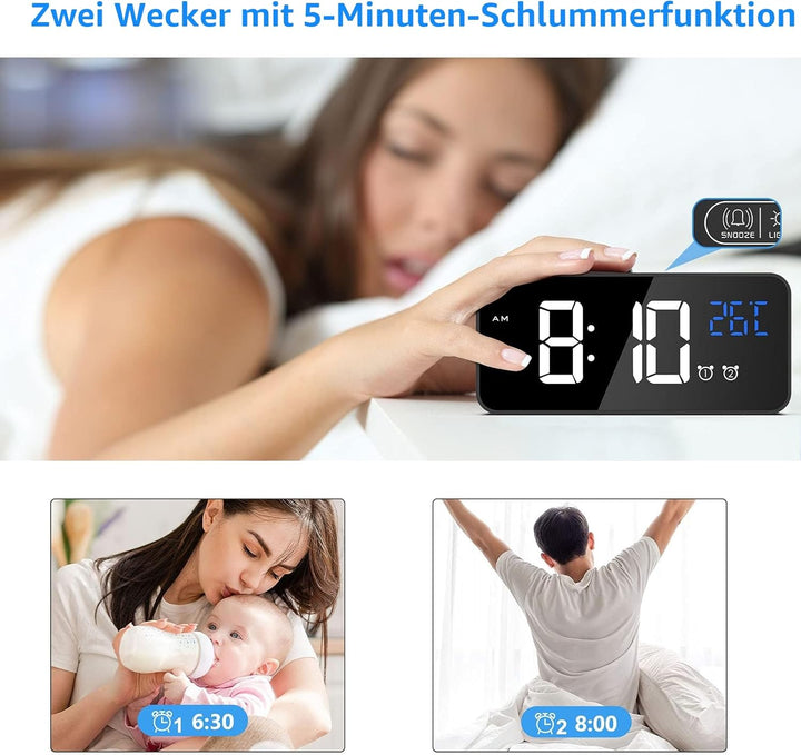 CHEREEKI Digitaler Wecker, LED Digitaluhr mit Temperaturanzeige Tragbarer Spiegelalarm Tischuhr mit