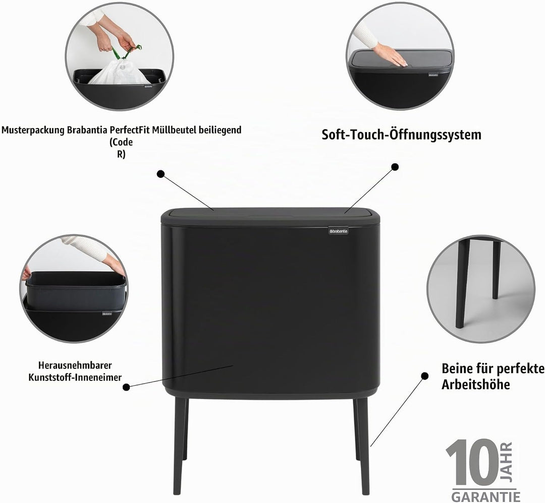 Brabantia 315824 Bo Touch Bin, 36 L Abfalleimer, Edelstahl, Schwarz, 54 x 31.5 x 68 cm Schwarz 36 Li