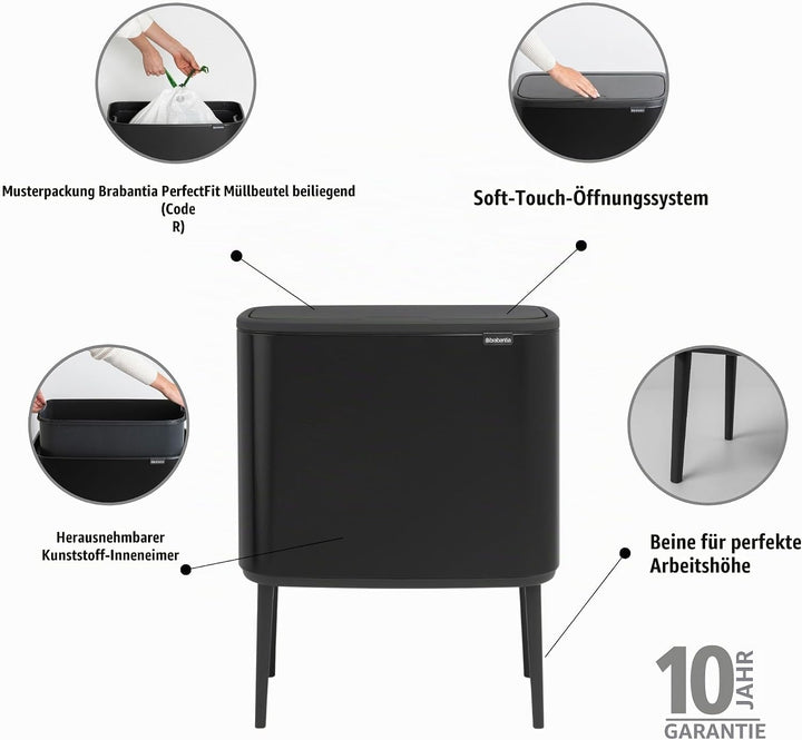 Brabantia 315824 Bo Touch Bin, 36 L Abfalleimer, Edelstahl, Schwarz, 54 x 31.5 x 68 cm Schwarz 36 Li