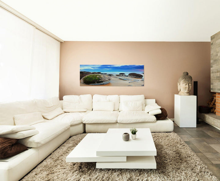Paul Sinus Art Panoramabild auf Leinwand und Keilrahmen 150x50cm Neuseeland Strand Meer Steine Dämme