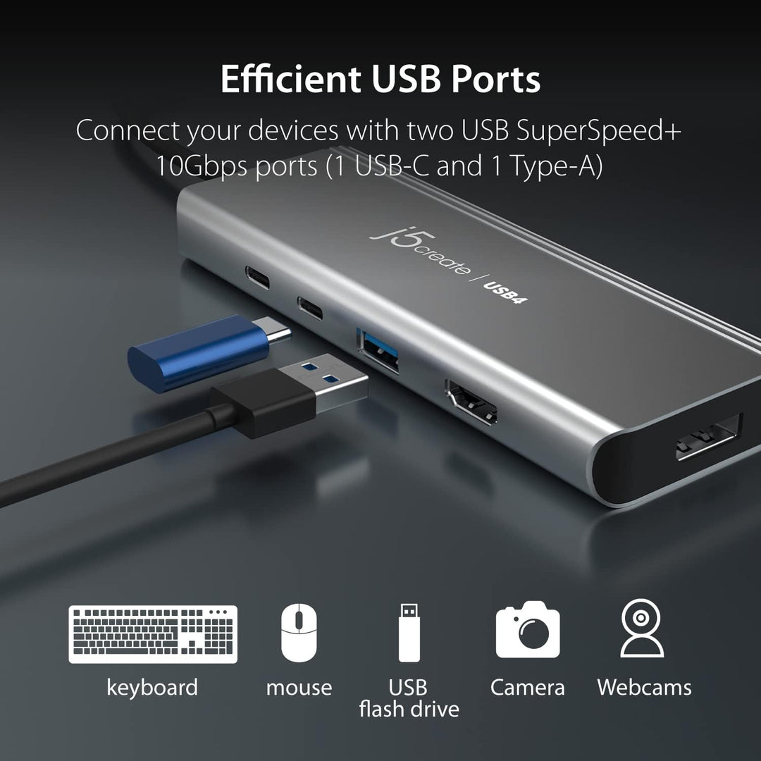 j5create USB4 Multi-Port Hub-5 in 1 USB4 Hub mit PD 85W/Dual 4K Display/DisplayPort 1.4/USB-A/USB-C
