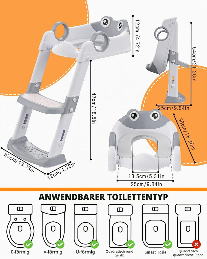 Toilettensitz Kinder mit Treppe, WC Sitz Kinder für Jungen und Mädchen, Höhenverstellbar und Klappba