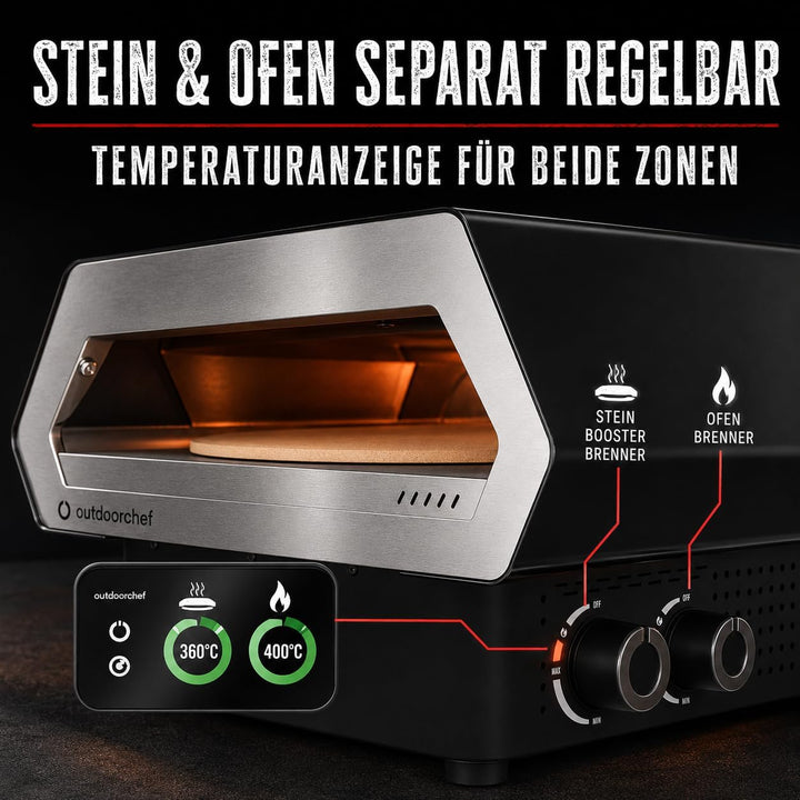 Outdoorchef PRISMO 420 G Gas-Pizzaofen – bis 450 °C, automatisch rotierender Pizzastein Ø 42 cm, Boo