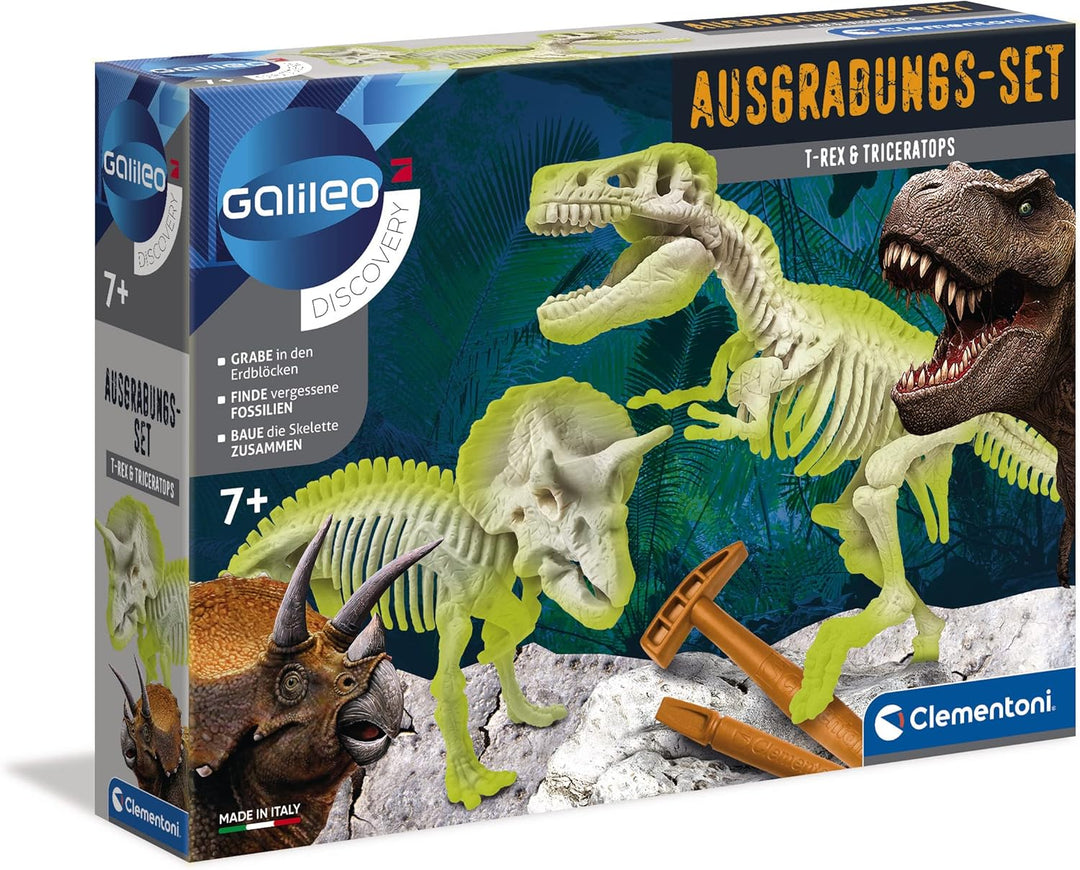 Clementoni 69408 Galileo Discovery Ausgrabungs Set T Rex und Triceratops, Spielzeug für Kinder ab 7