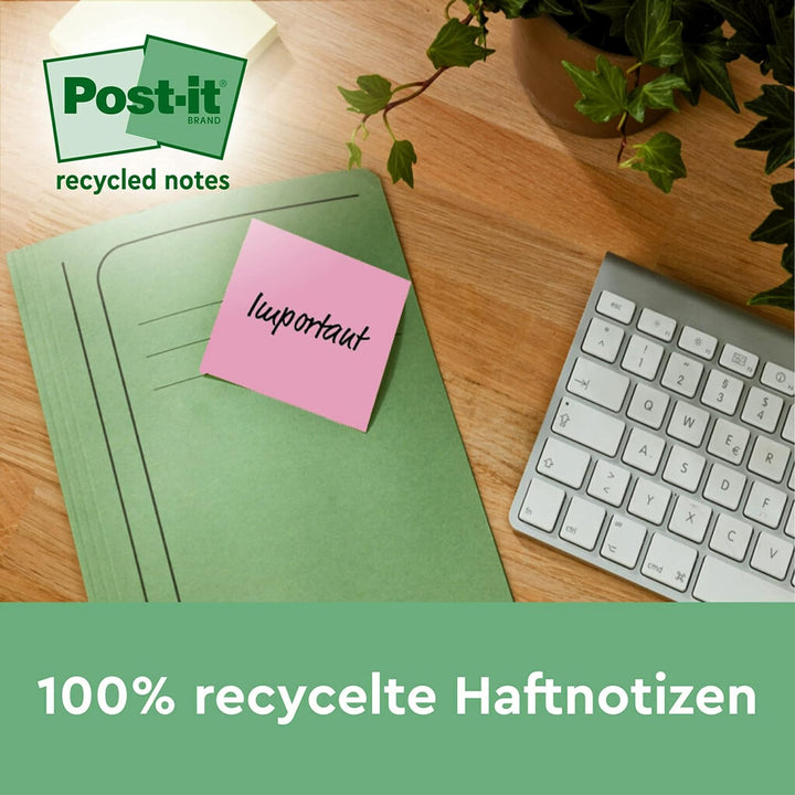 Post-it Super Sticky 100 % Recycling Notes, 14+4 GRATIS-Blöcke/Packung, 70 Blätter pro Block, 76 mm