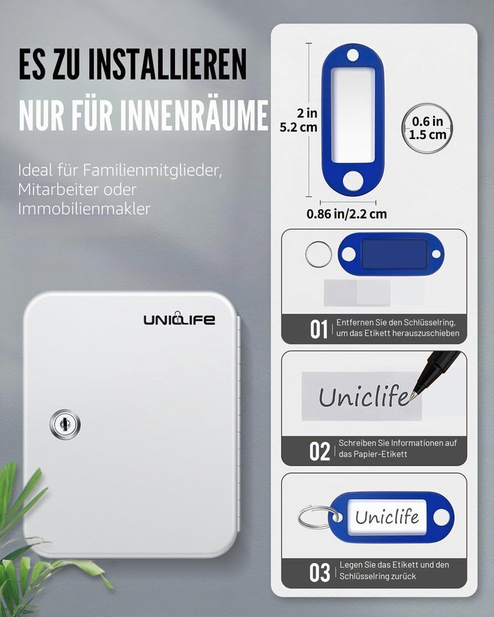 Uniclife Schlüsselschrank mit 20 Positionen, mit Schlüsselschloss, Wandmontage, weiss, Sicherheits-A